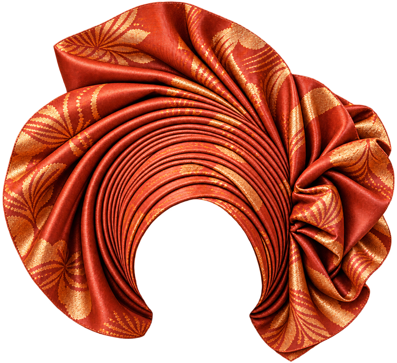 A richly folded coral and gold gèlè